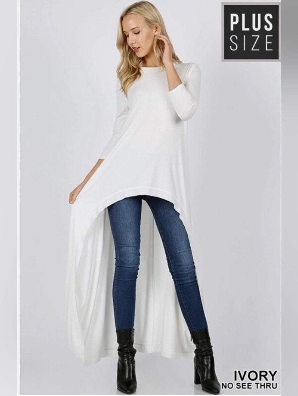 Zenana Outfitters Ivory Asymmetric Hi-Low Waterfall Tunic Top | 3/4 Sleeve